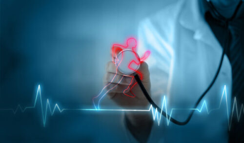 Lekarz w białym kitlu trzymający stetoskop na tle wykres EKG i czerwony zarys biegnącej postaci